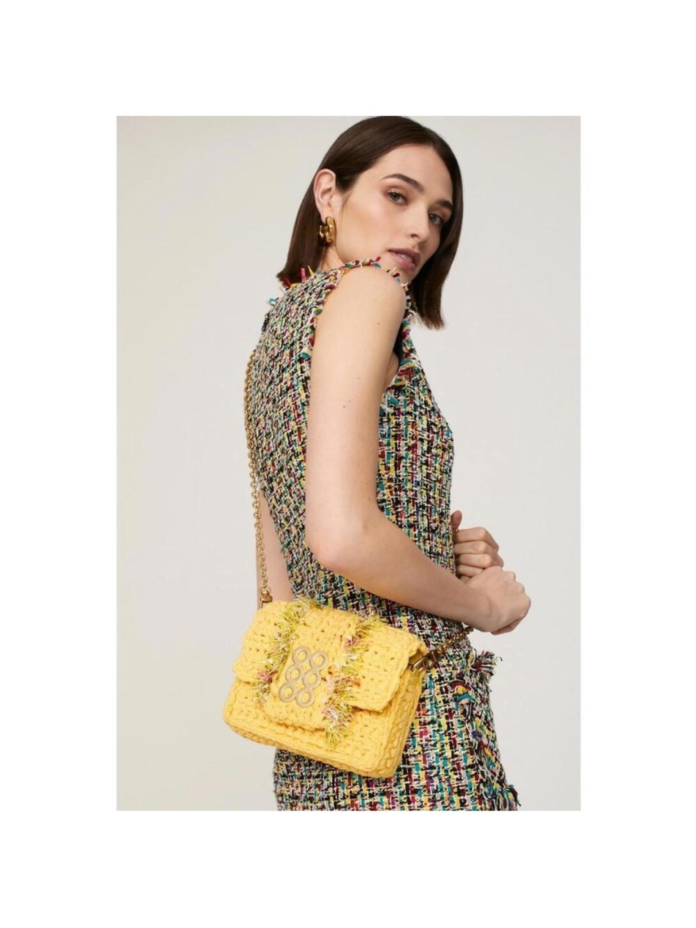 Kooreloo Ibiza Tweed Crossbody Mini Bag Yellow Gold Chain